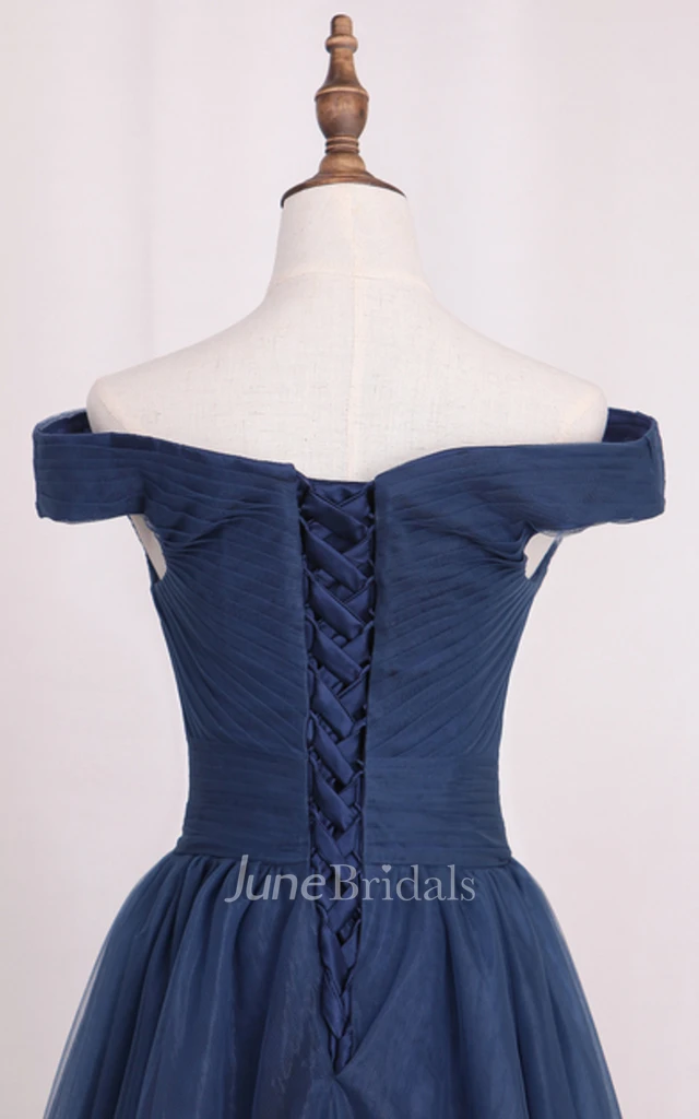 Elegant A Line Tulle Floor-length Short Sleeve Lace-up Formal Dress with Ruching