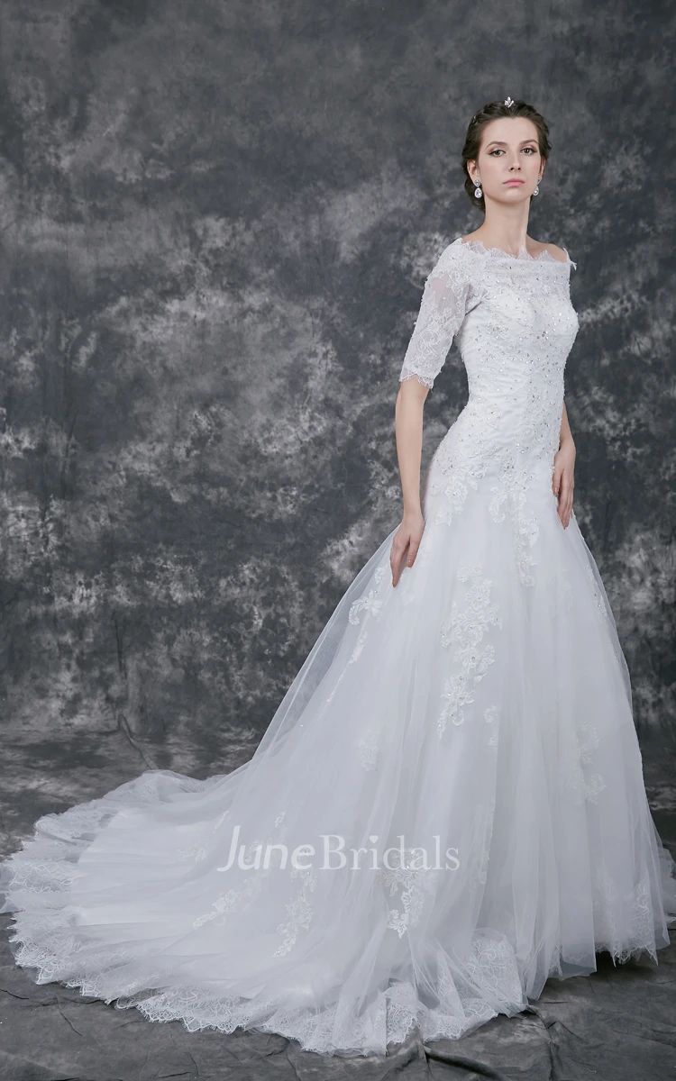 Illusion Half Sleeve A-line Tulle Gown With Lace Appliques and Beading