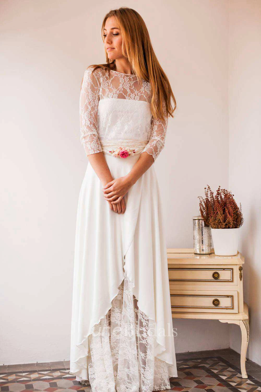 Bateau Lace Illusion Chiffon Floor-Length Wedding Dress With Pleats