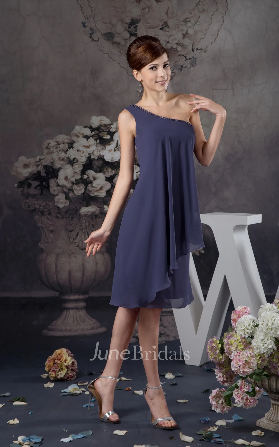 One-Shoulder Chiffon Knee-Length Dress with Beading and Draping