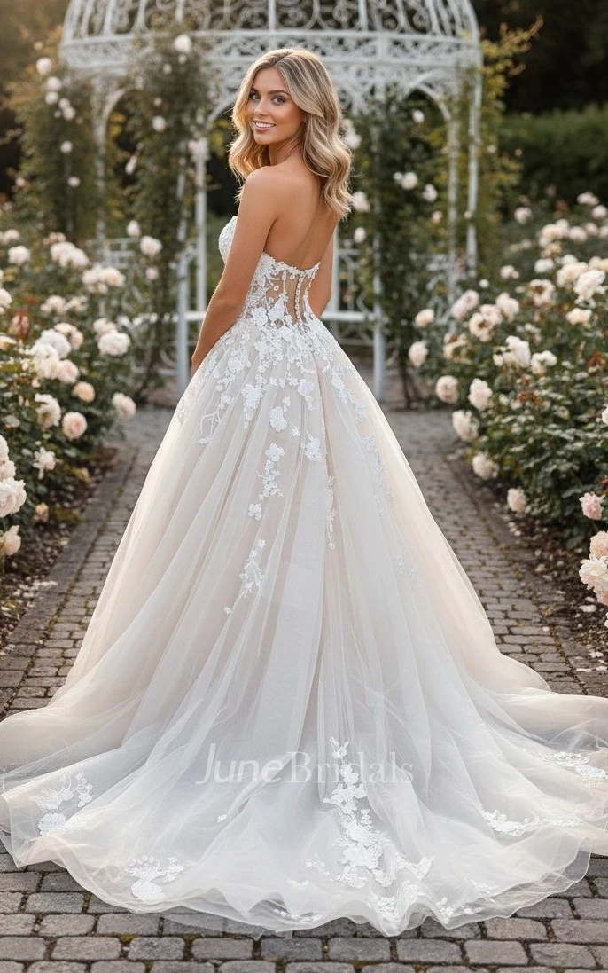 A-Line Sweetheart Lace Wedding Dress Sleeveless Tulle Ball Gown with Sheer Corset Top