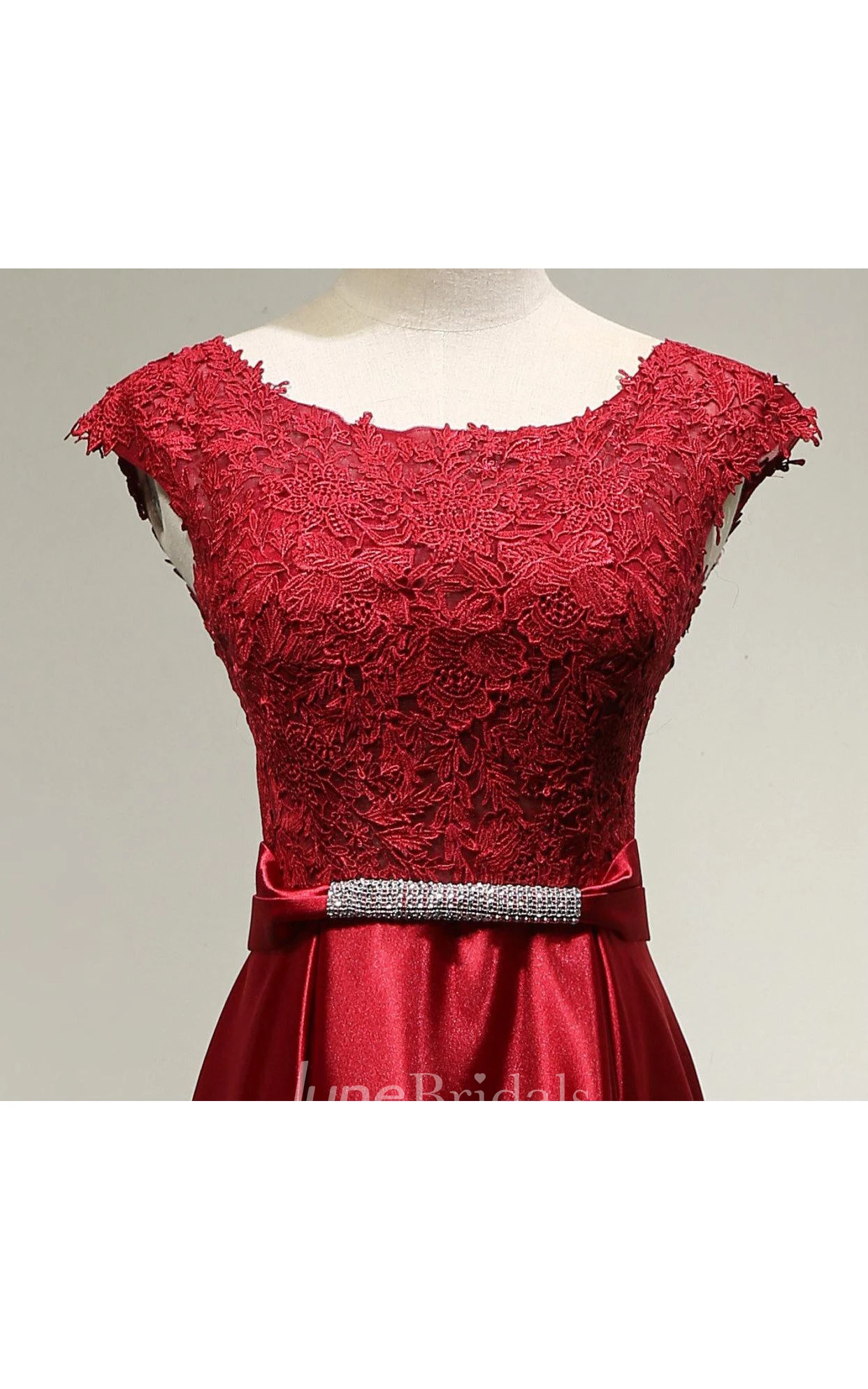 Cap Sleeve Lace Top Satin Dress With Beaded Belt