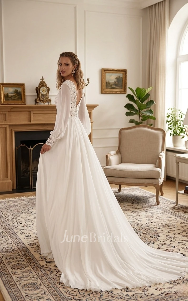 Long Sleeve Vintage A-Line Wedding Dress Lace V-Neck Chiffon Bridal Gown