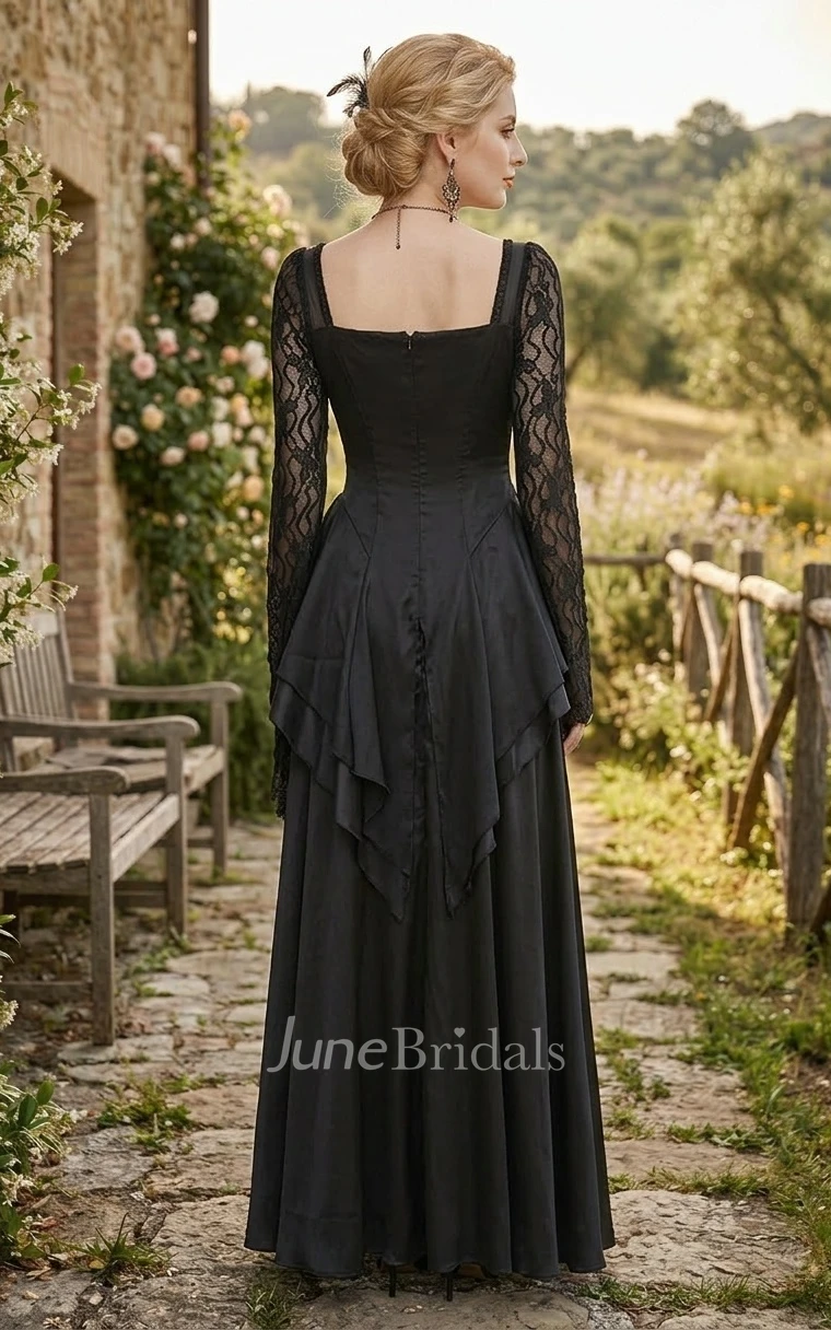 Gothic Modest A-Line Lace Long Sleeve Wedding Dress Black Vintage Floor-length Spring Garden Gown