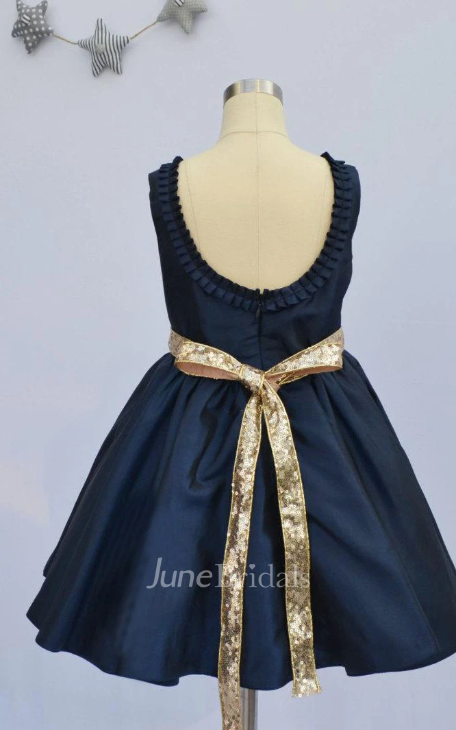 Sleeve Scoop Taffeta Dress With Sequins Sash