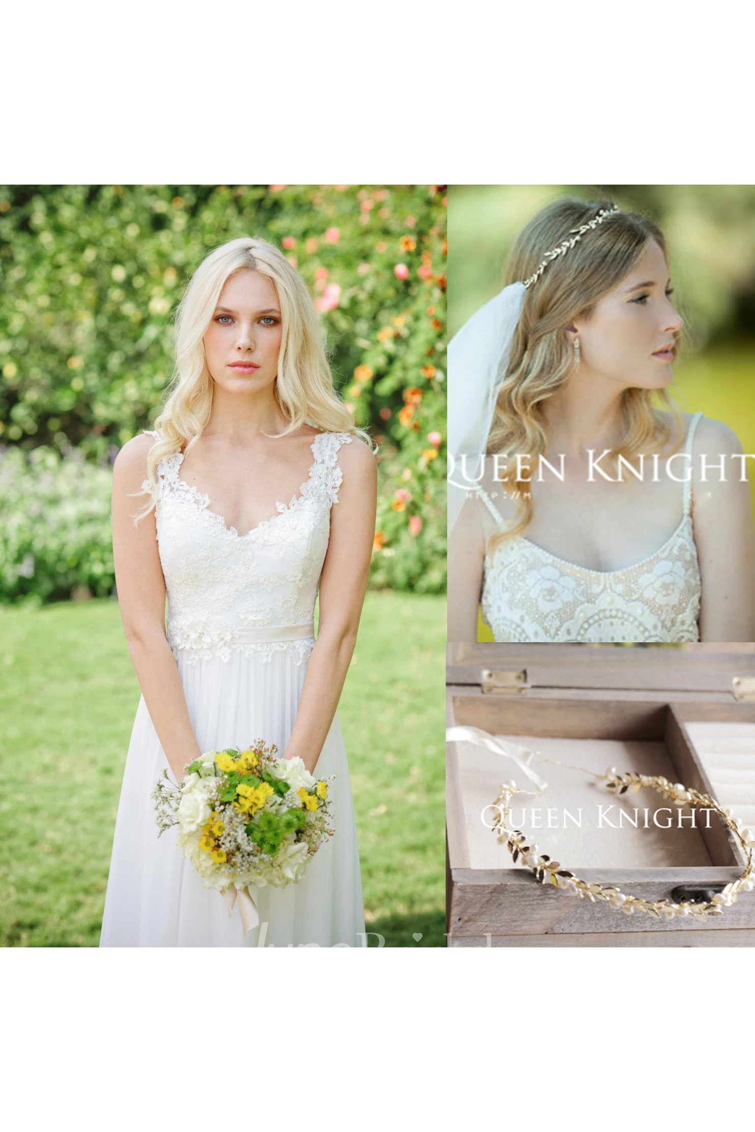 Long Chiffon Lace Weddig Dress and Exquisite Copper-plated Leaves Vines Freshwater Pearl Hair Band