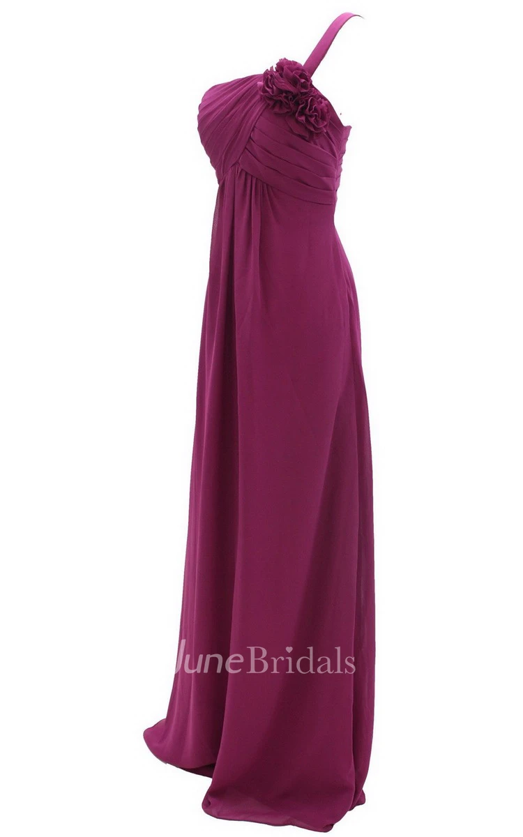 One-shoulder Ruched Empire Gown With Flowers
