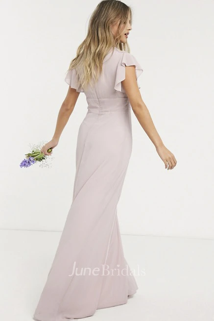Ethereal Ruching Top V-neck Cap Sleeve Front Split Chiffon Bridesmaid Dress