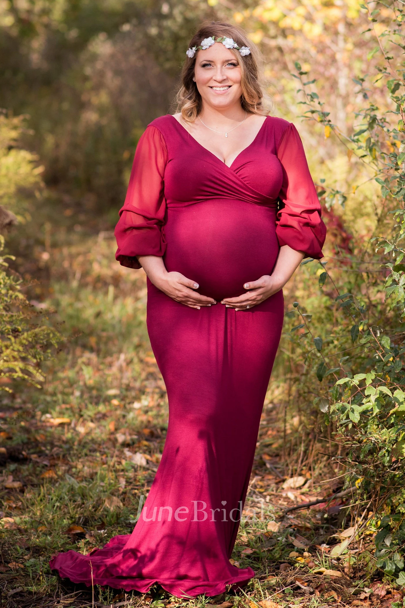 Puff Long Sleeve V-neck Long Jersey Maternity Dress