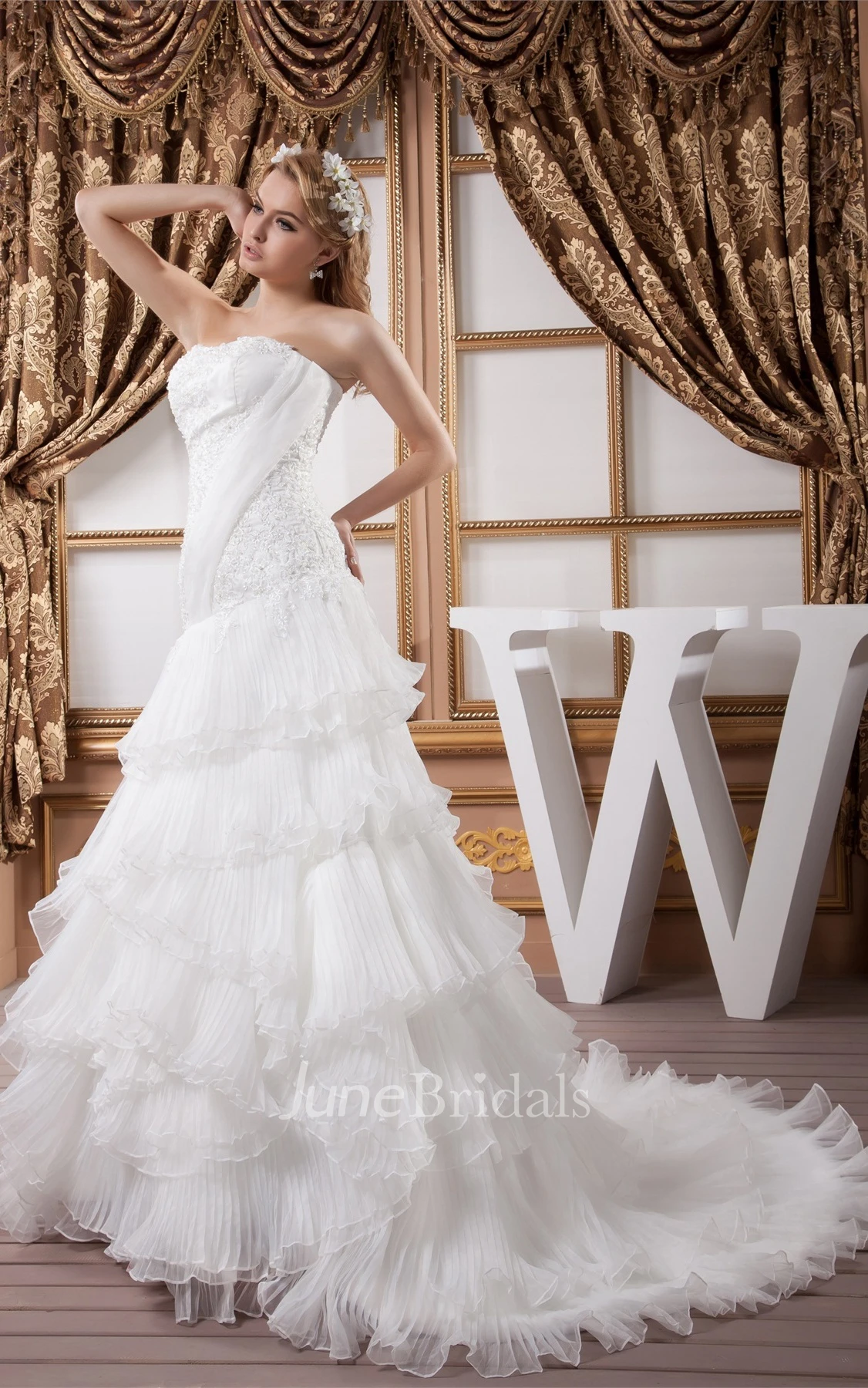 Strapless Ruffled A-Line Gown with Pleats and Appliqued Bodice