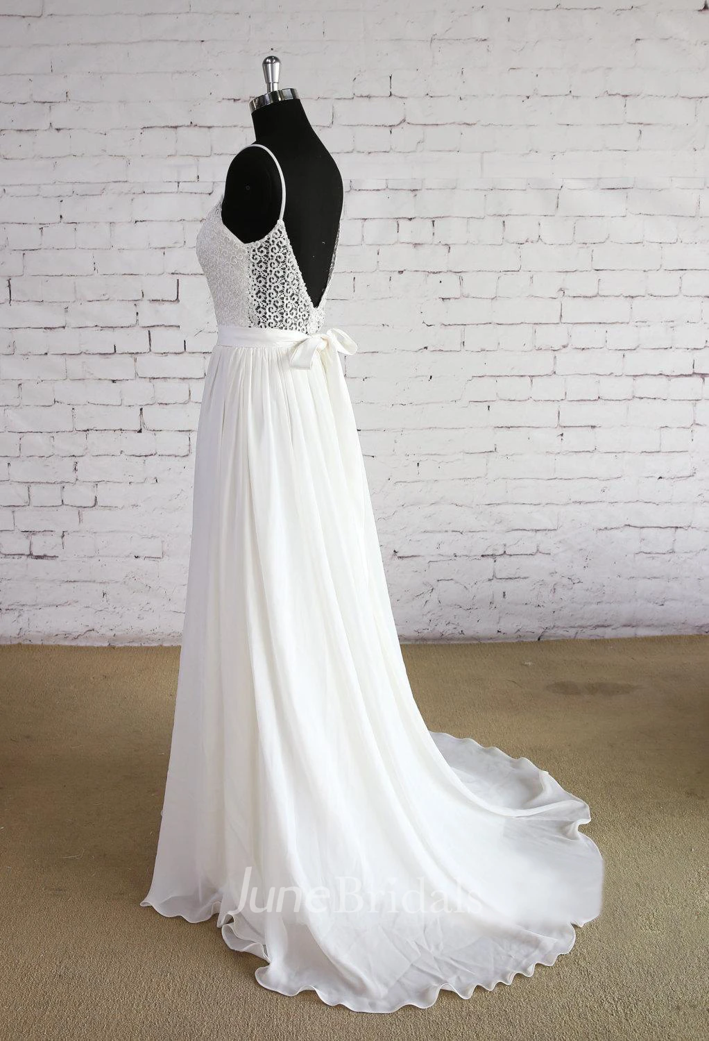 Spaghetti Strap A-Line Chiffon Wedding Dress With Lace Bodice