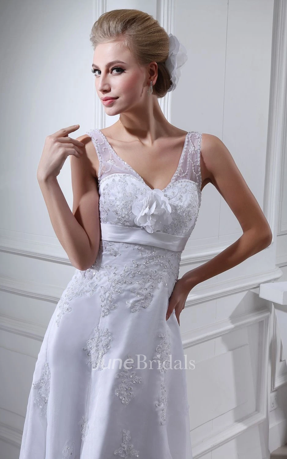 Strapped Lace Sheath Floor-Length Dress With Flower and V-Back Design