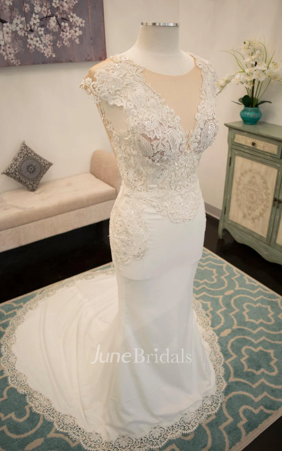 Jewel Illusion Neck Cap Sleeve Fit and Flare Jersey Wedding Dress