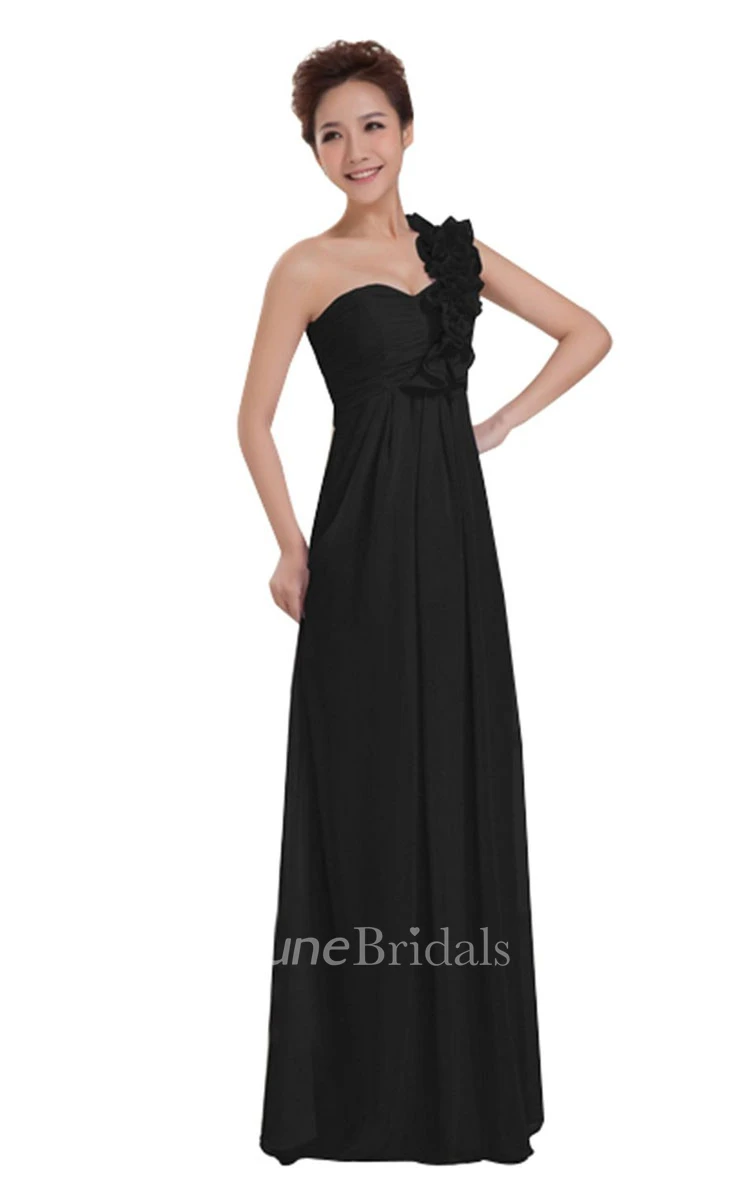 One-shoulder Long Chiffon Dress With Floral Strap