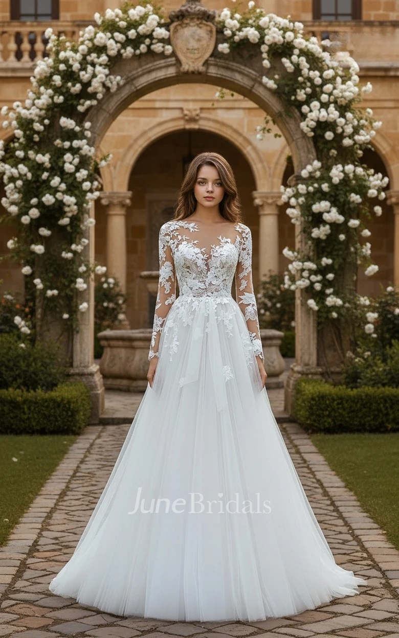 Floral Lace A Line Boho Wedding Dress Illusion Long Sleeve Tulle Bridal Gown for Formal Ceremony