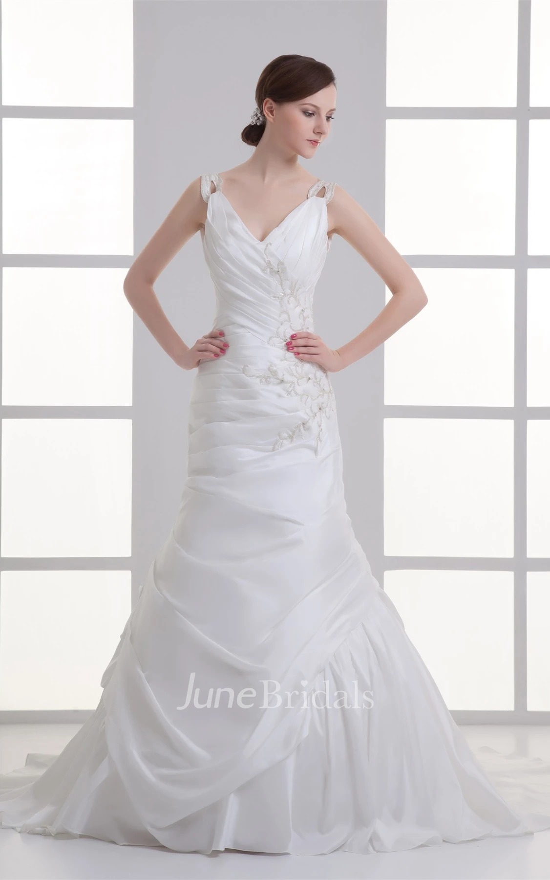 strapped a-line column gown with ruffle and strass