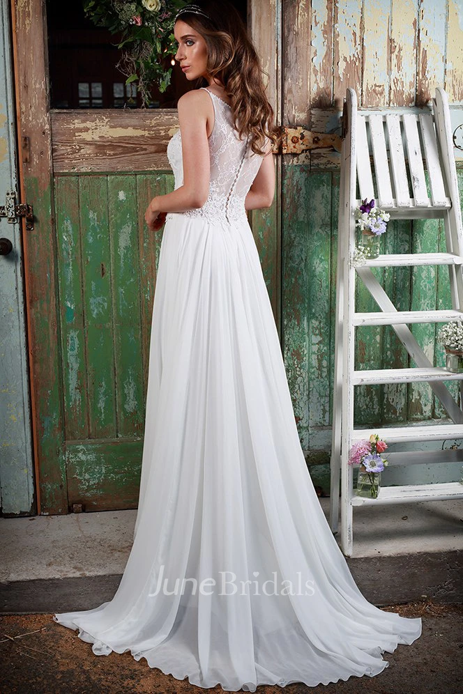 Pleated Spaghetti Long Chiffon Wedding Dress With Appliques And Illusion