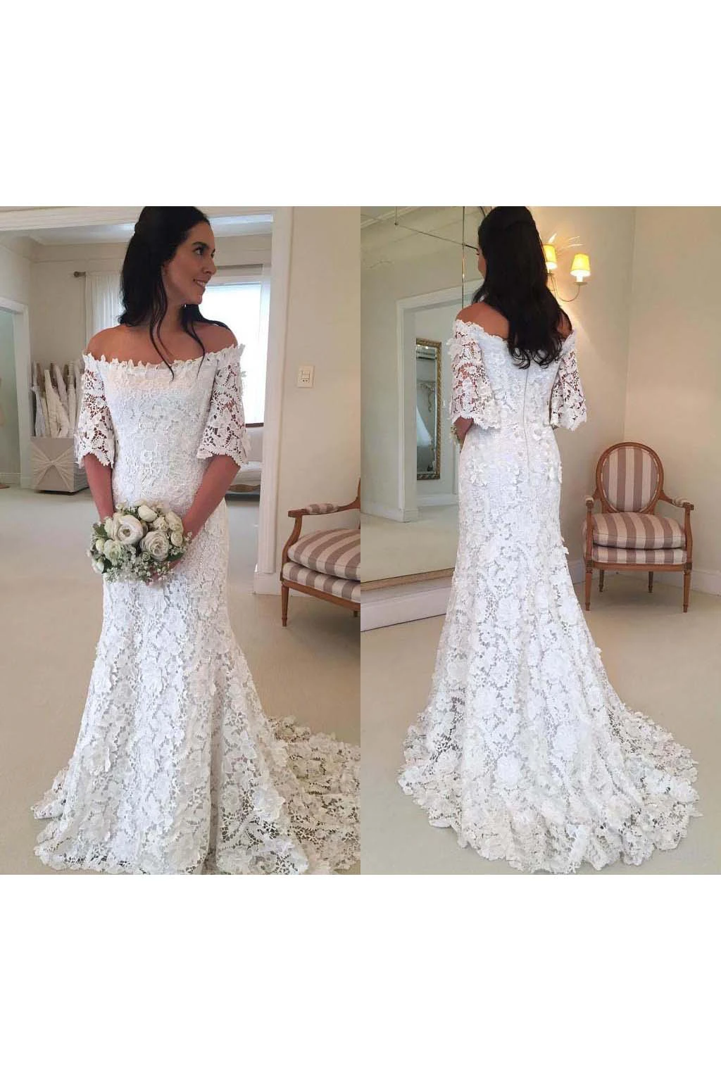 Vintage Bohemian Off The Shoulder Half Long Sleeves Lace Bridal Gown