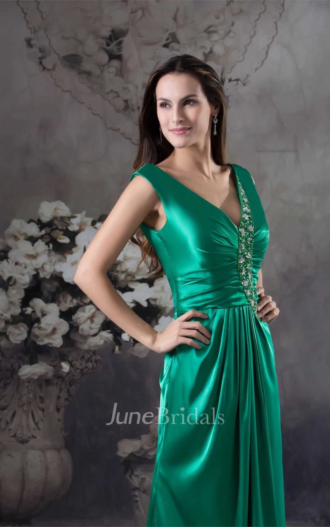 Plunged Sleeveless Sheath Dress with Pleats and Stress