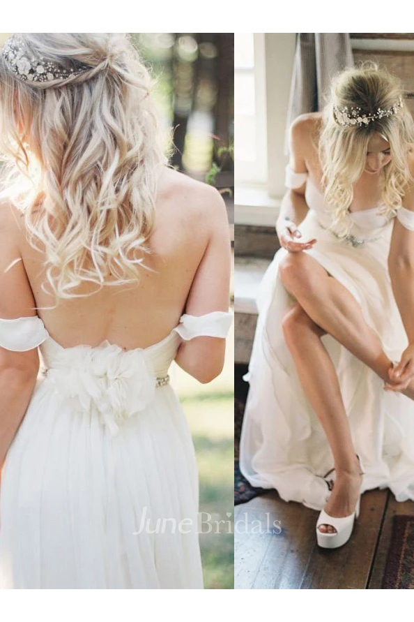 Elegant Off-shoulder Beading Sash Long Chiffon Wedding Dress Wedding Dresses