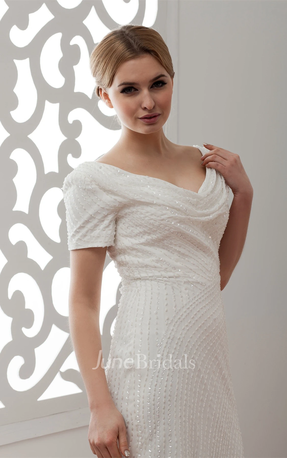 Short-Sleeve V-Neck Sheath Dress with Beading and Brush Train