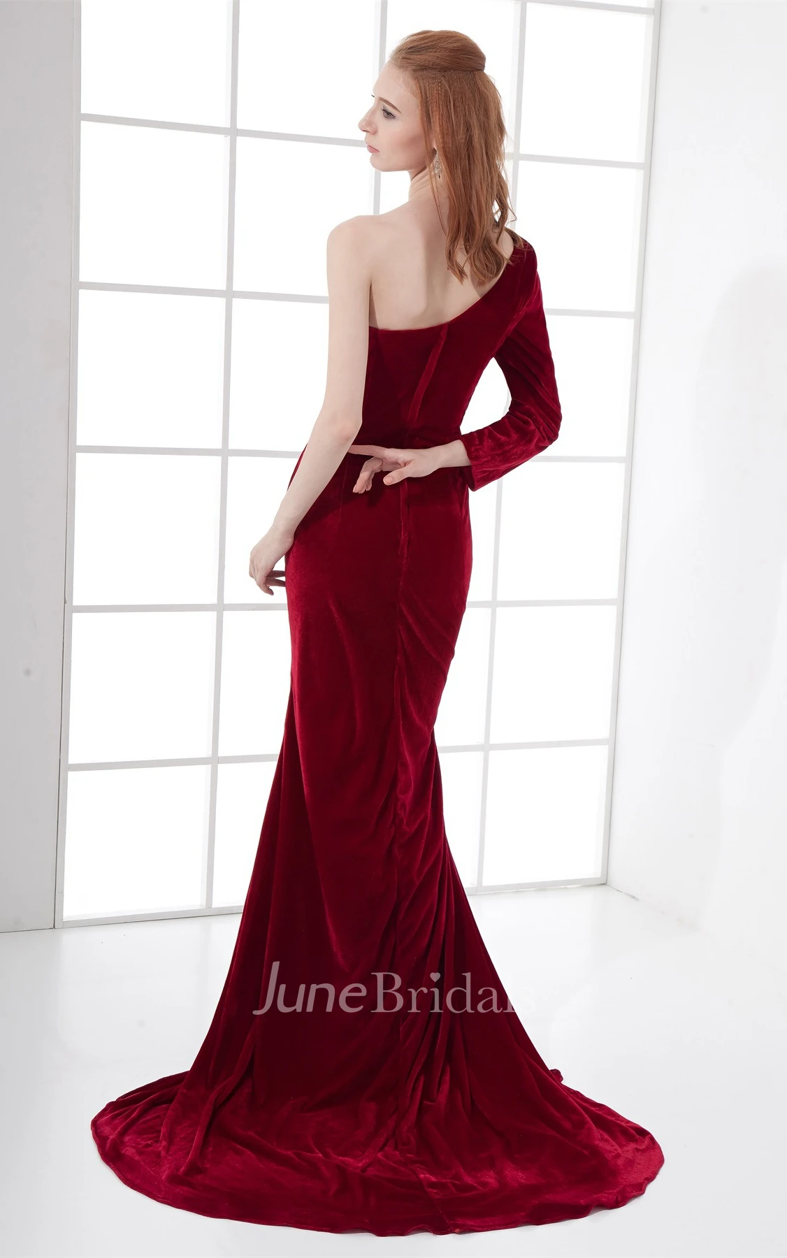 glam maxi sheath dress with one-sleeve design and brush train
