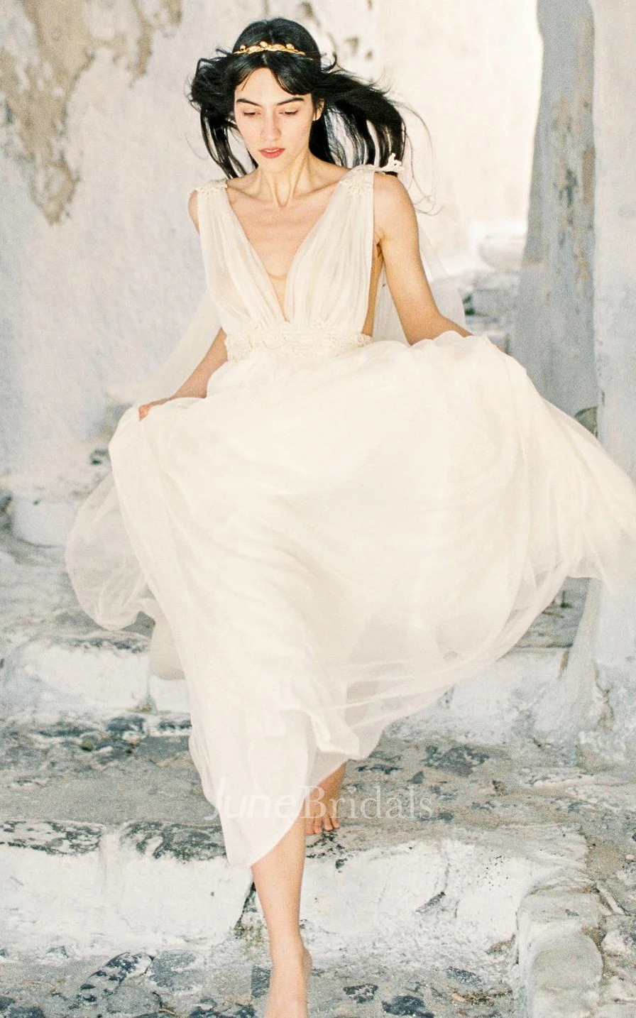 Grecian V-neck Plunging Neckline A-Line Tulle Wedding Dress With Low-V Back And Sash