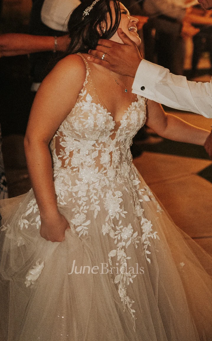 Elegant A Line V-neck Tulle Sleeveless Wedding Dress with Court Train Ethereal Romantic Country Garden