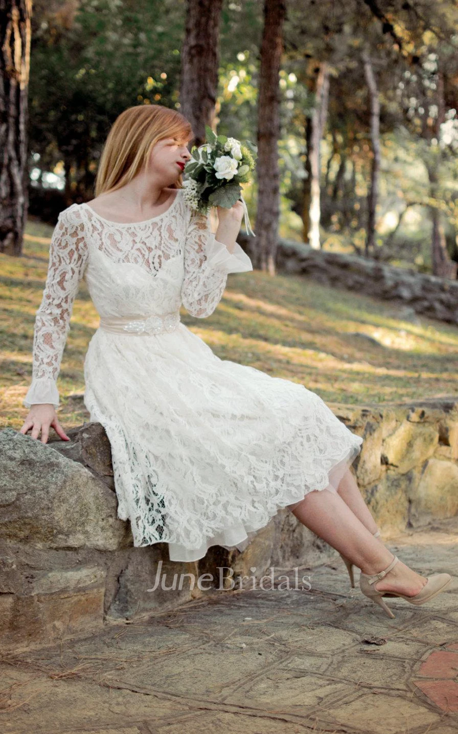 Bateau Low-V Back Tea-Length Lace Wedding Dress With Flower And Sash