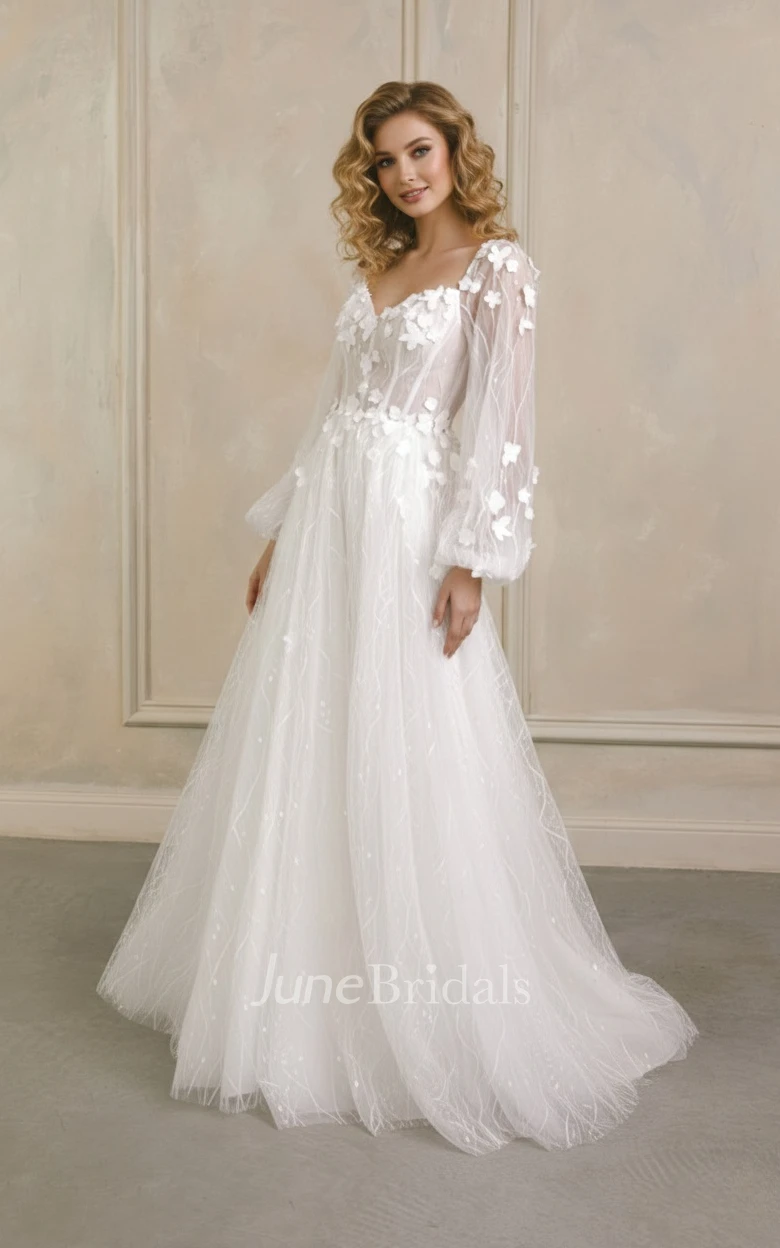 A-Line Tulle Long Sleeve Spring Wedding Dress V-Neck 3D Flowers Bridal Gown