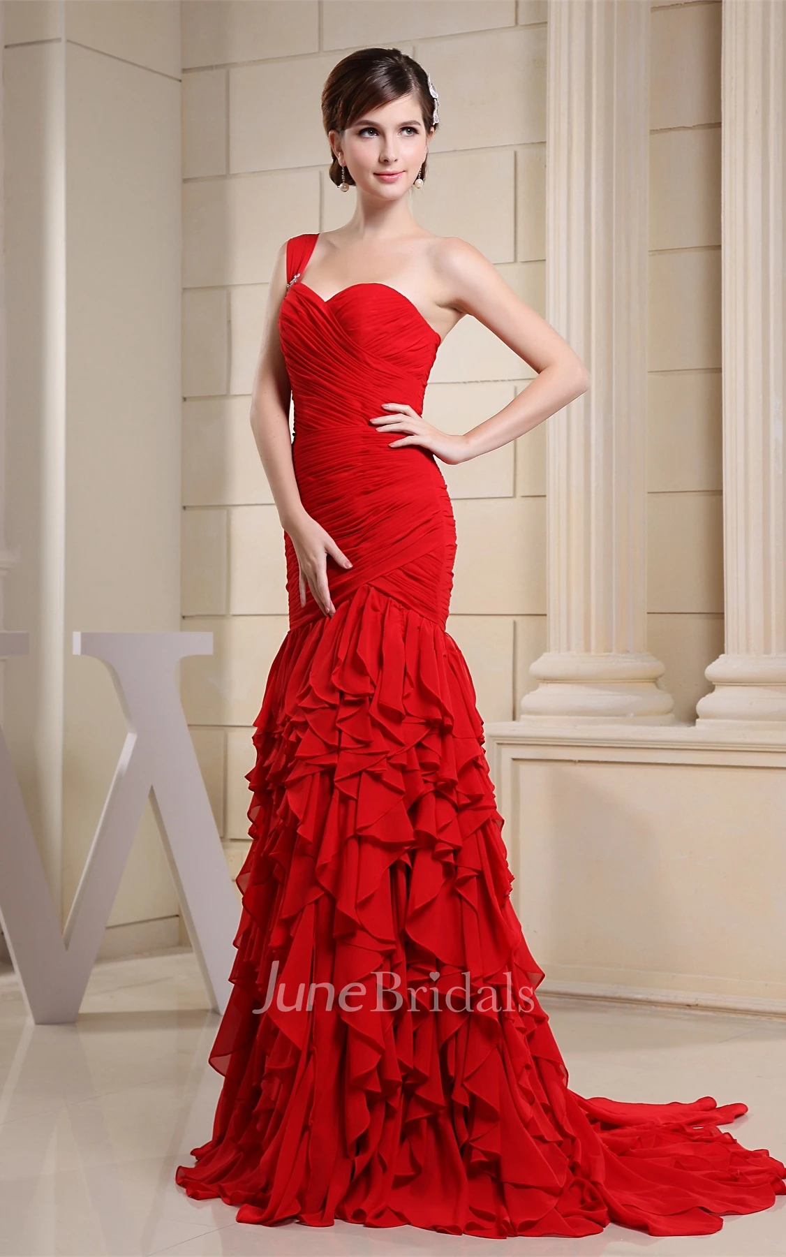 Sweetheart Ruched Chiffon Maxi Dress with Single Strap and Cascading Ruffles