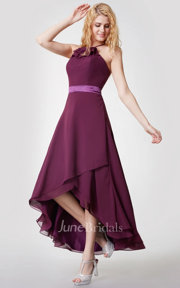 Halter High Low Chiffon Dress Bridesmaid Dress with Sexy Back