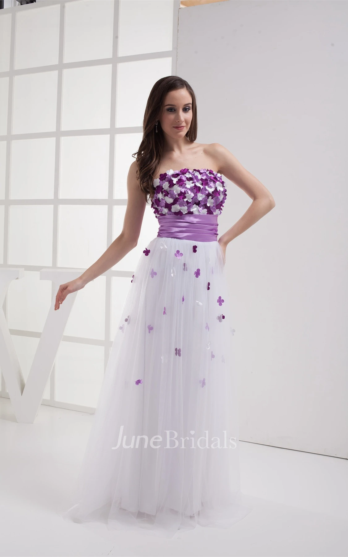 Two-Tone Tulle Floor-Length Dress with Pleats and Floral Top