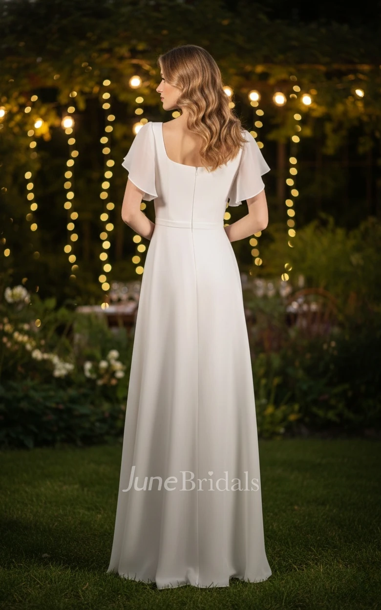 Modest A-Line Square Neckline Floor-Length Adorable Minimalist Short Bell Sleeves Spring Wedding Dress