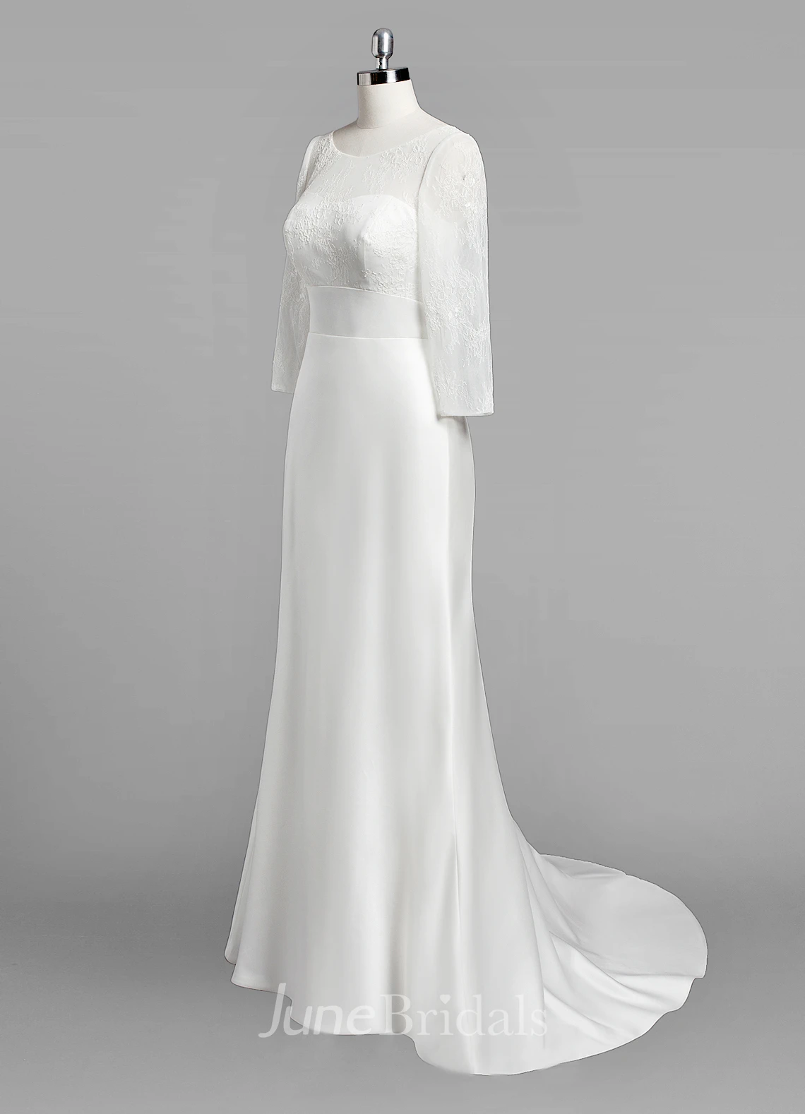 Scoop Neck Long Sleeve Sheath Satin Wedding Dress With Lace Bodice