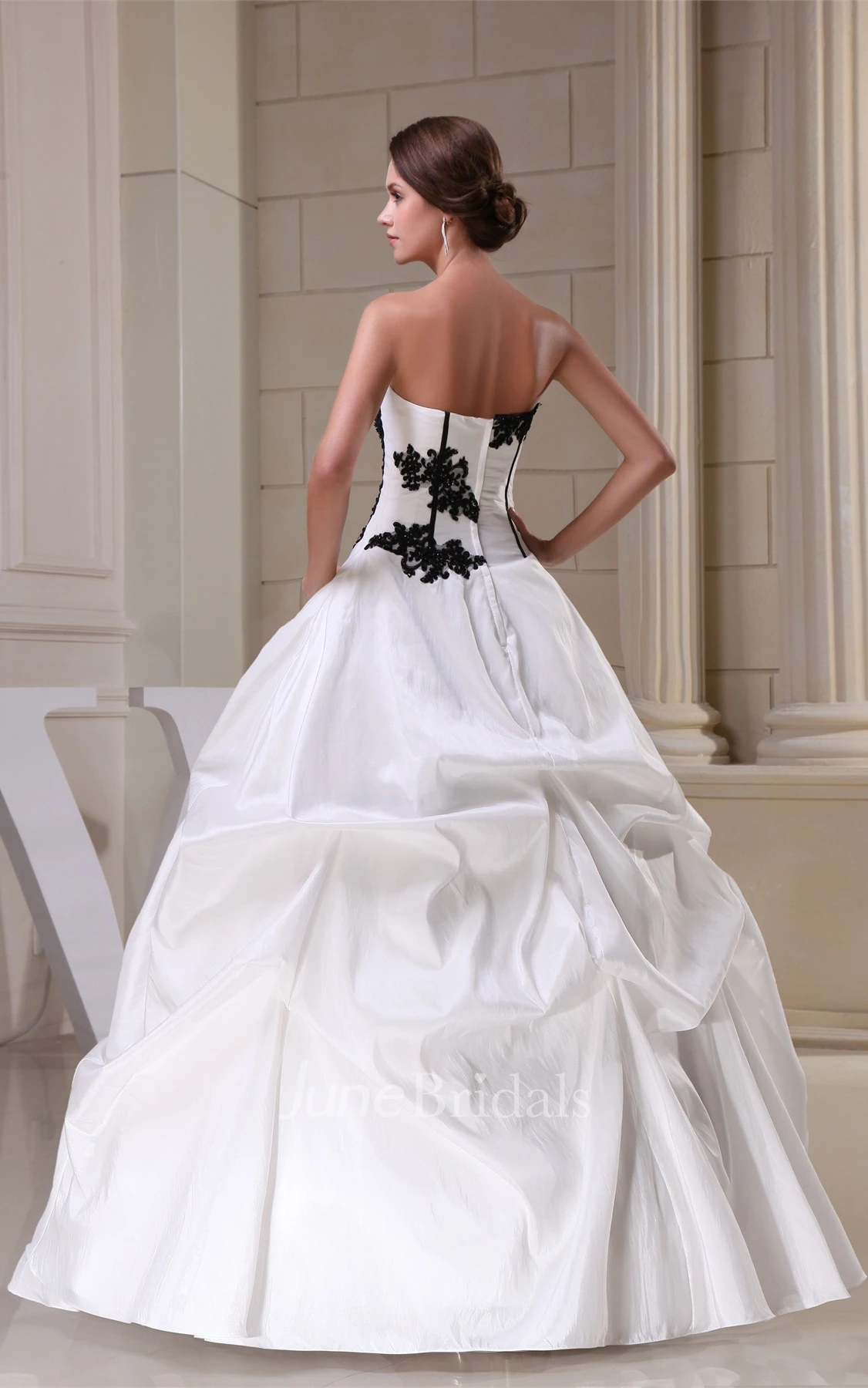 Glamorous Ruffled Strapless Bodice Gown with Lace Appliques and Zipper Back