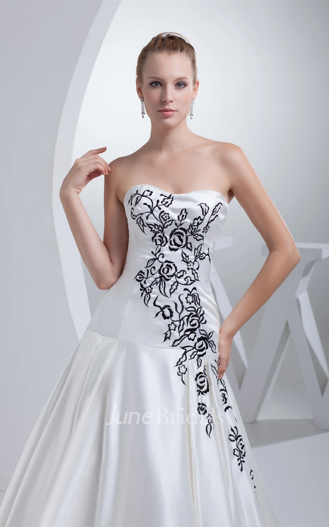 Strapless Embroidered Satin Ball Gown with Ruching and Court Train