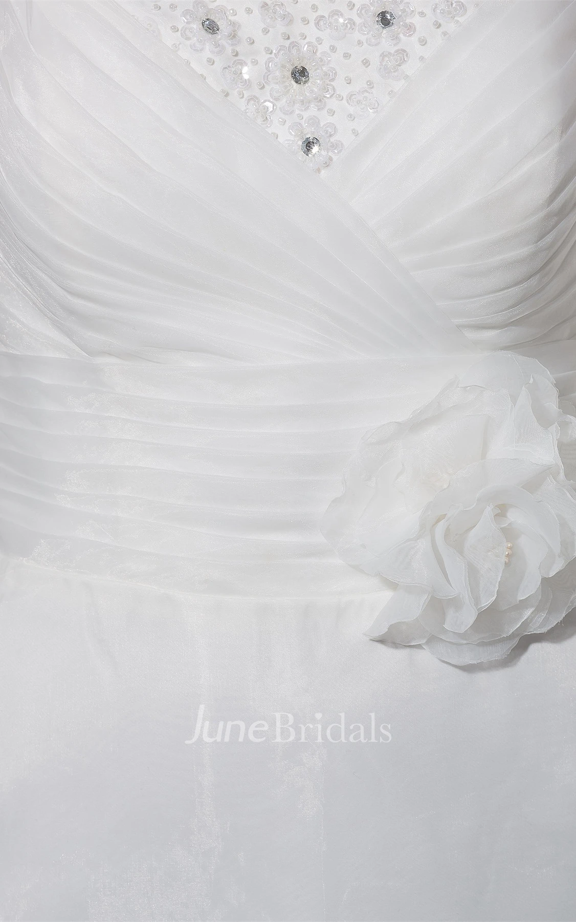 Strapless Criss-Cross A-Line Gown with Flower and Beading