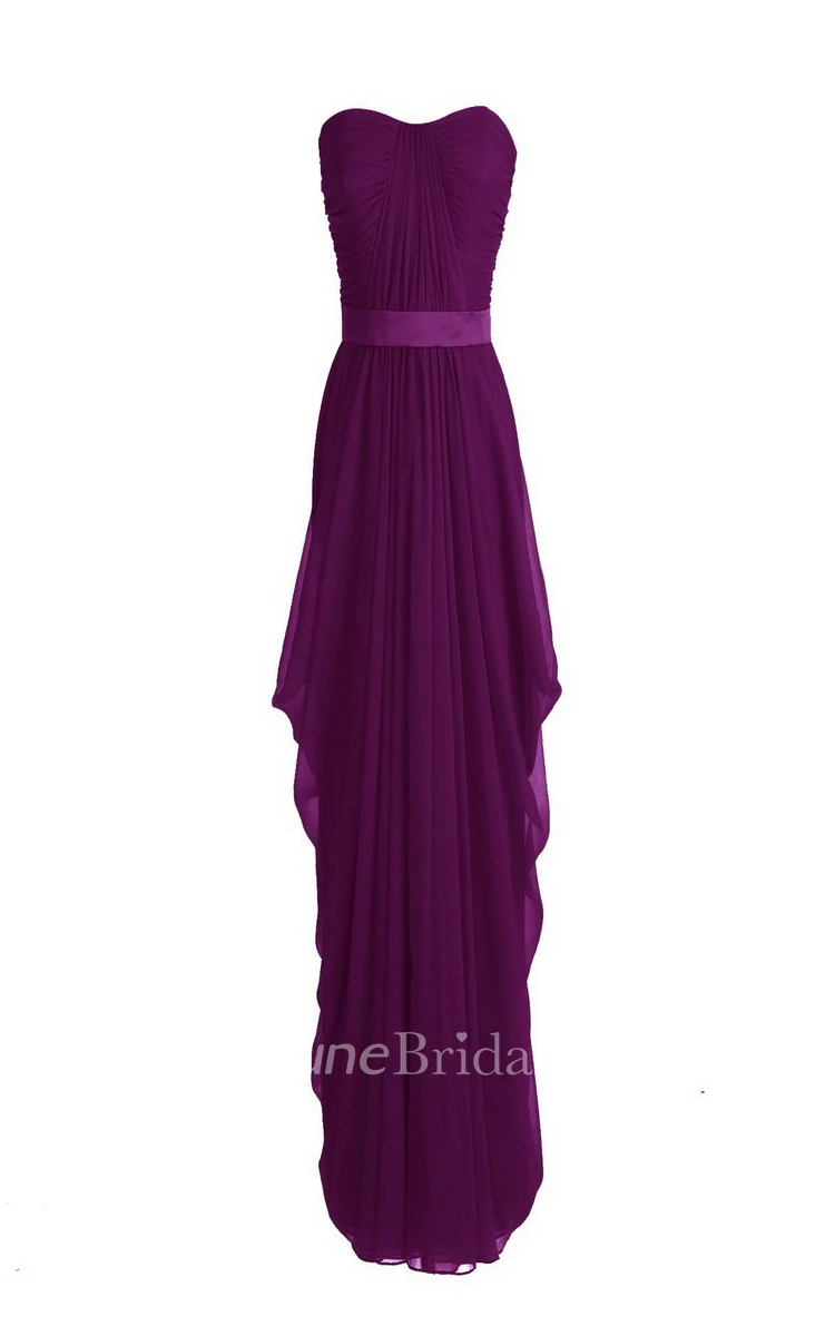 Strapless Asymmetrical Chiffon Gown With Pleats