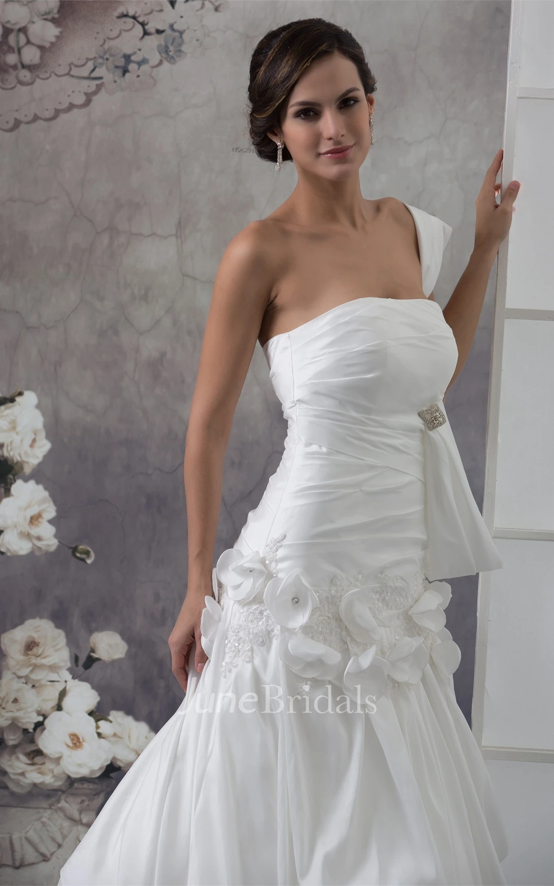 Strapless Pick-Up A-Line Gown with Flower and Broach