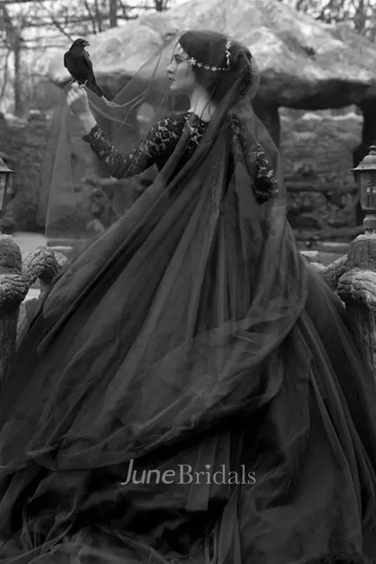 Ball Gown Bateau Lace Tulle Floor-length Sweep Train Long Sleeve Wedding Dress with Illusion Back