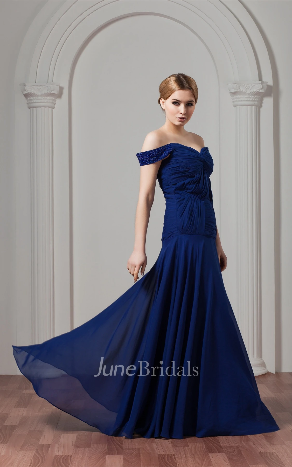 Off-The-Shoulder Chiffon Maxi Dress with Beading and Central Ruching
