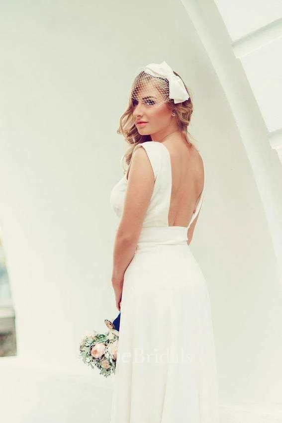 Scoop-Neck Short Sleeve Split Front Long Wedding Dress