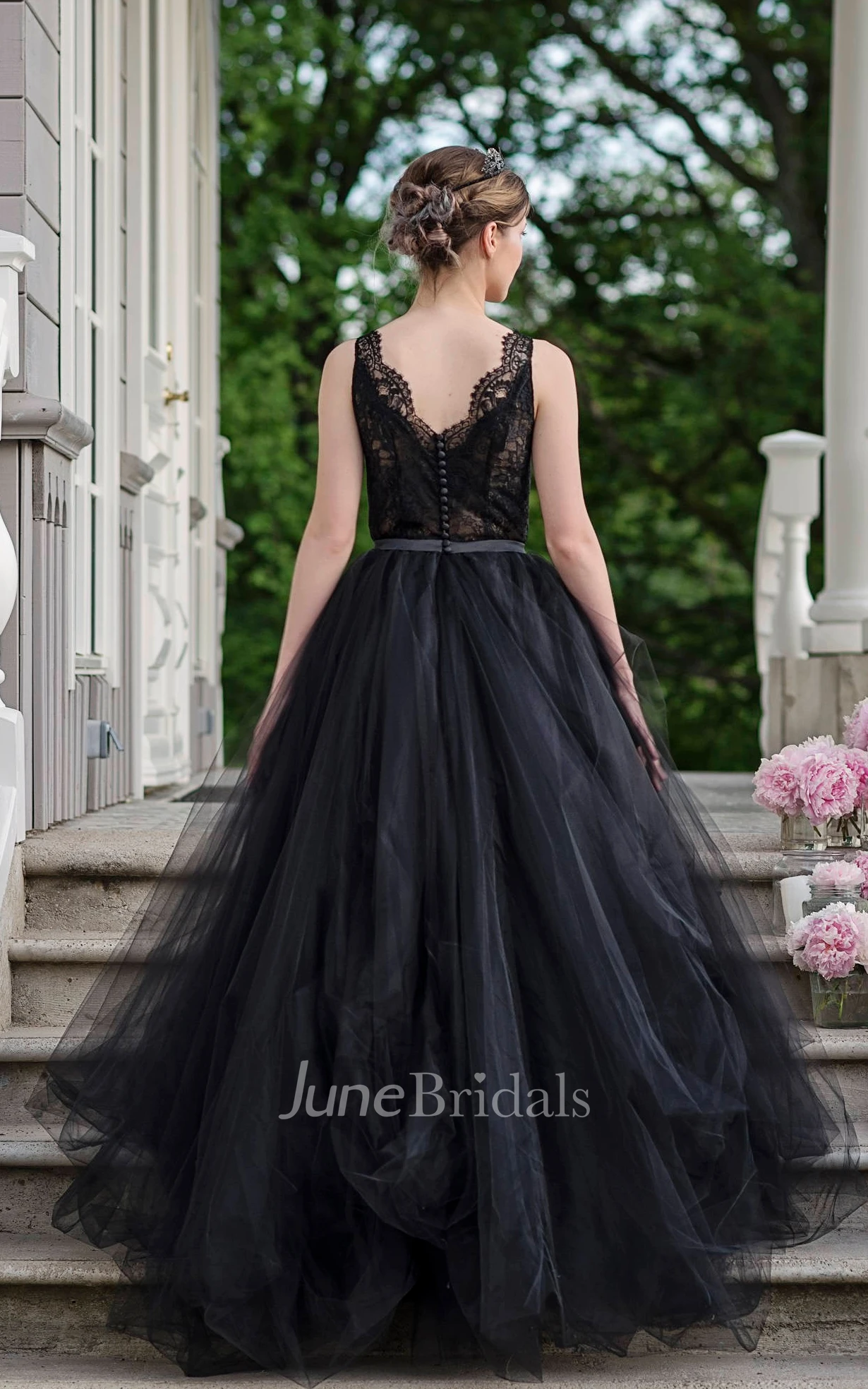 A-Line Straps Floor-length Sleeveless Low-V Back Lace With Ruffles Sash/Ribbon Black Wedding Dress