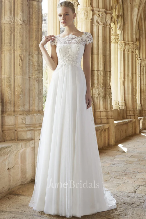 A-Line Cap Sleeve Empire Bateau Neck Lace Tulle Wedding Dress
