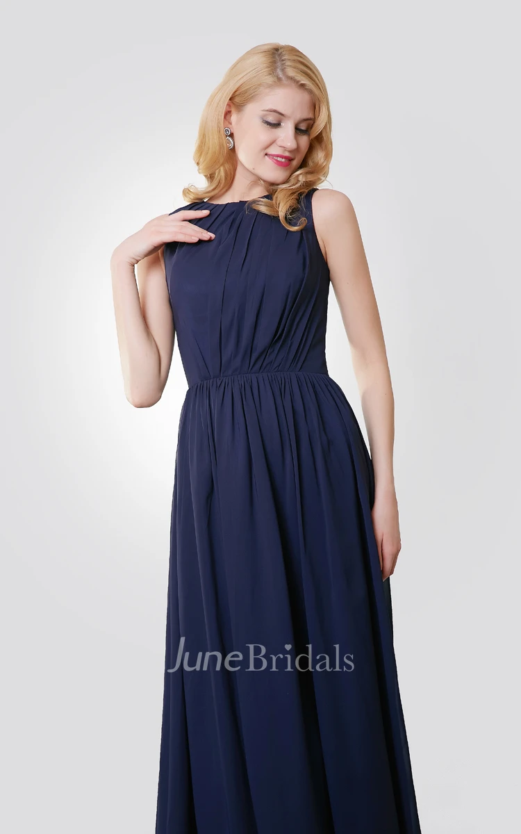 Sleeveless Chiffon Pleated Floor Length Dress With Keyhole Back