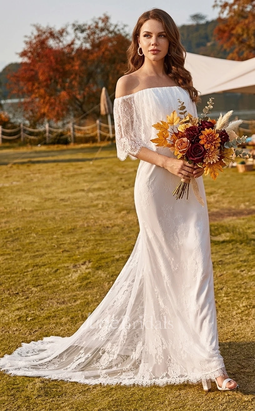 Beach Boho Lace Mermaid Off the Shoulder Spring Wedding Dress Country Floral Backless Strapless Bridal Gown