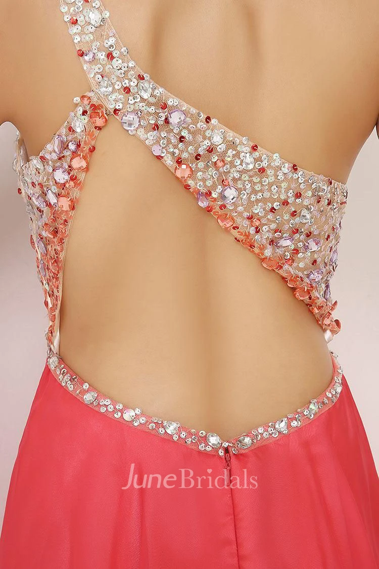 A-line One-shoulder Sleeveless Beading Pleats Short Mini Chiffon Homecoming Dress