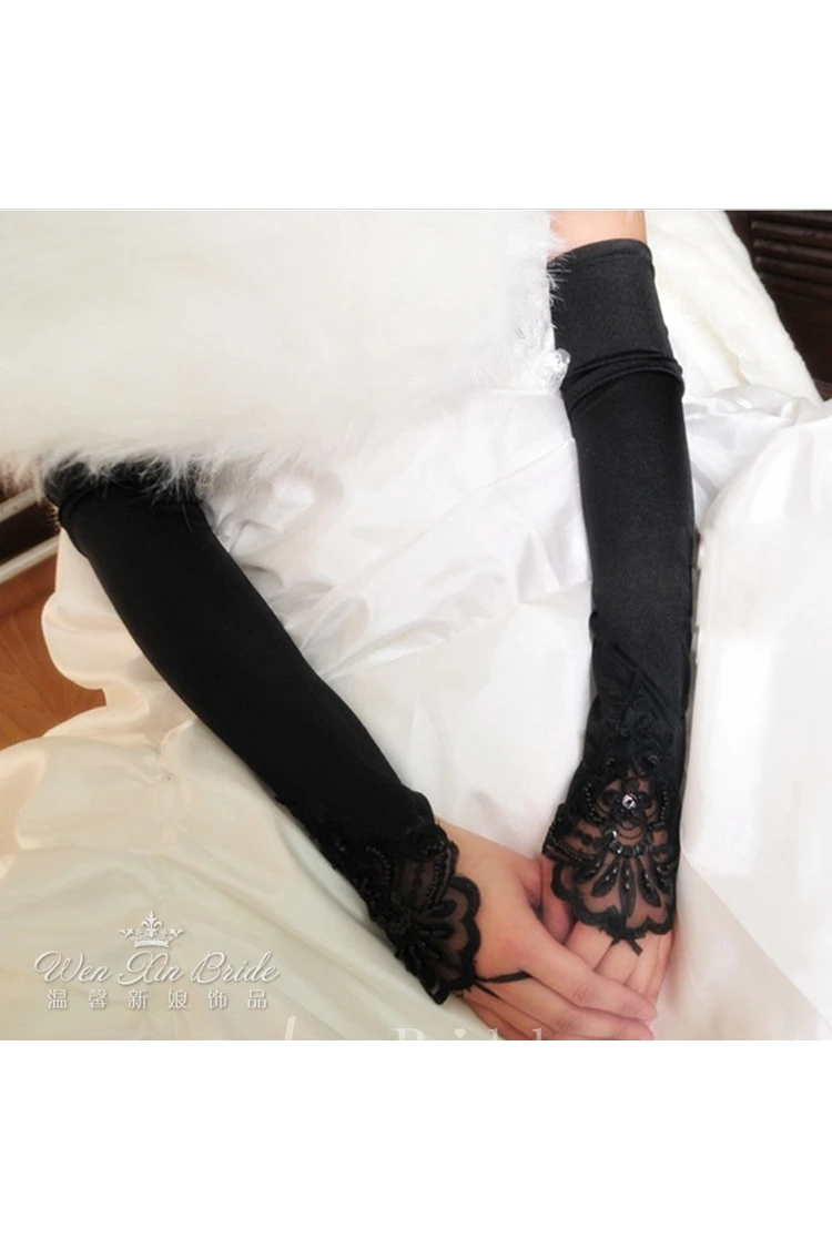 Plus Long Stretch Satin Embroidered Beads Exposed Finger Gloves