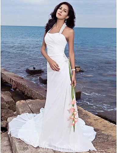 Sheath Column Halter Court Train Chiffon Wedding Dress